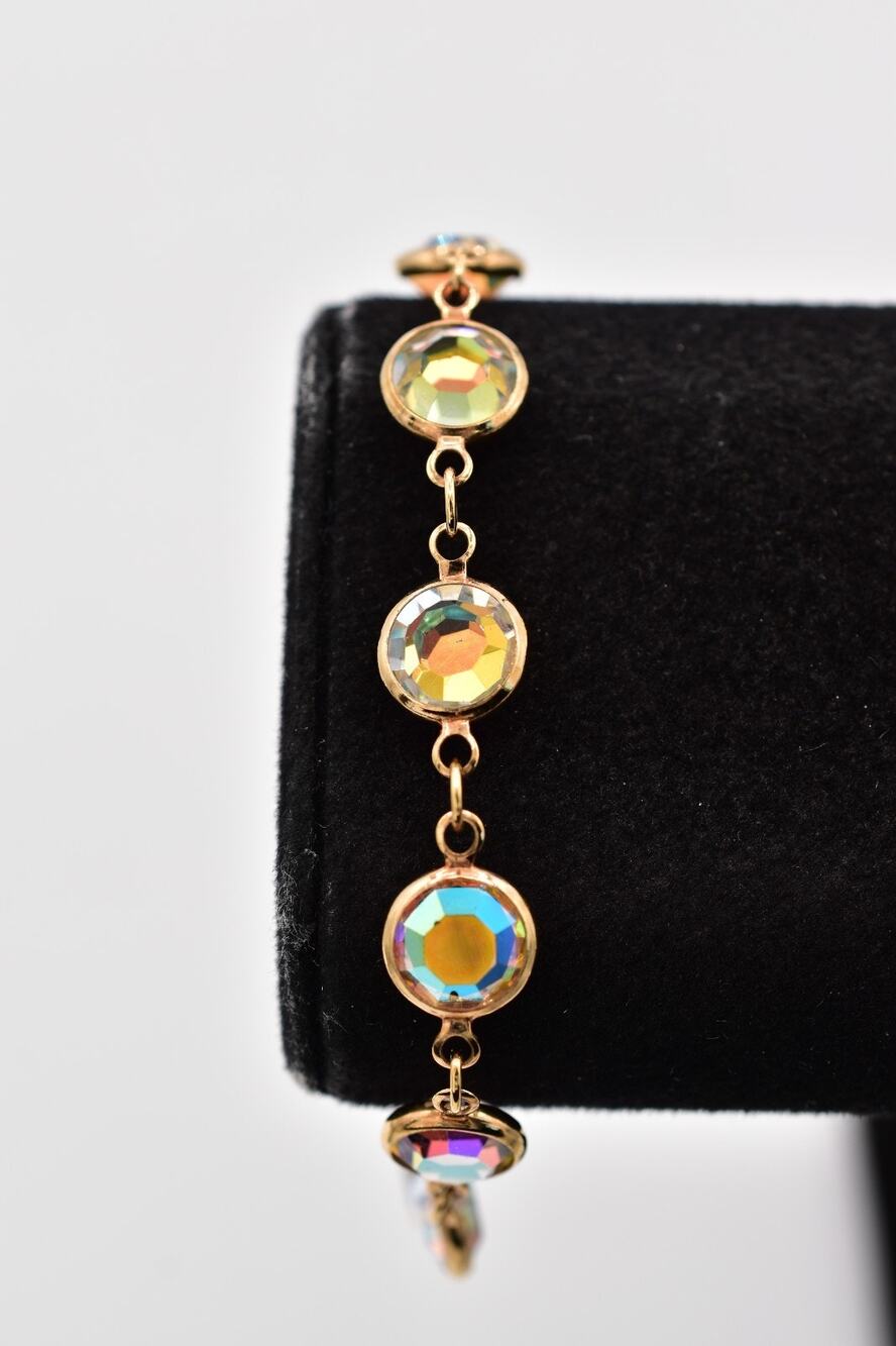 Swarovski Gold Aurora Borealis Crystal Open Bezel Tennis Bracelet Signed Bin2